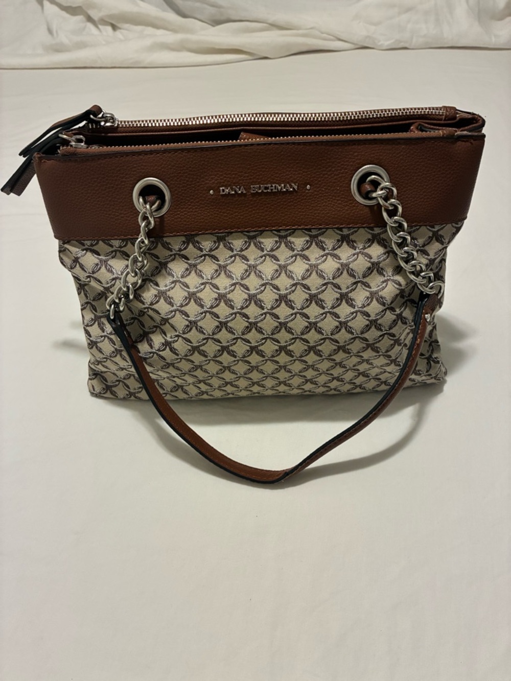 Dana Buchman Brown & Cream Patterned Canvas Shoulder Tote